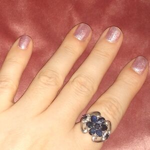 Blue Sapphire Flower Ring Cluster Stones Solid 925 Sterling Silver Floral Swirl